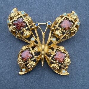 Vintage AVON 90s Beautiful Butterfly Brooch Pin Gold Tone Red Enamel Faux Pearl